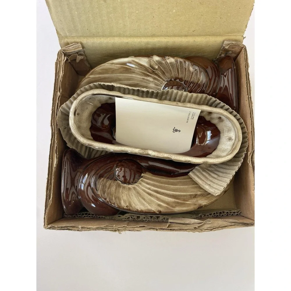 Vintage Swan Planter Set Rockingham Brown‎ Drip Glaze Console Mid Century W Box
